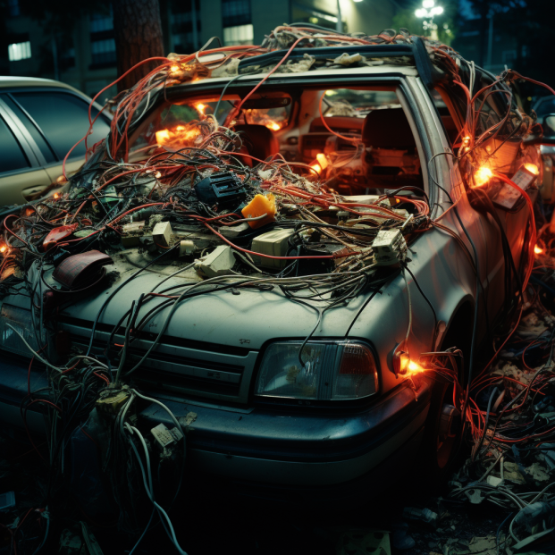 Car with wires everywhere showing electrical problems