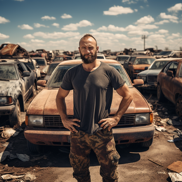 Person standing in front of a junk car
